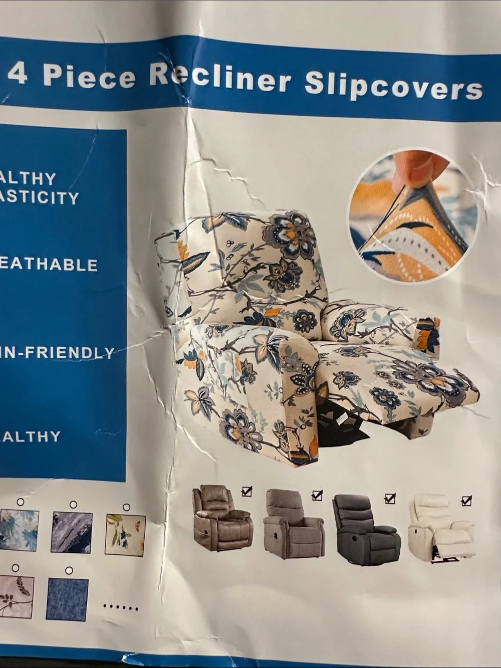4-Piece Floral Recliner Slipcover Set - Blue & Yellow Floral